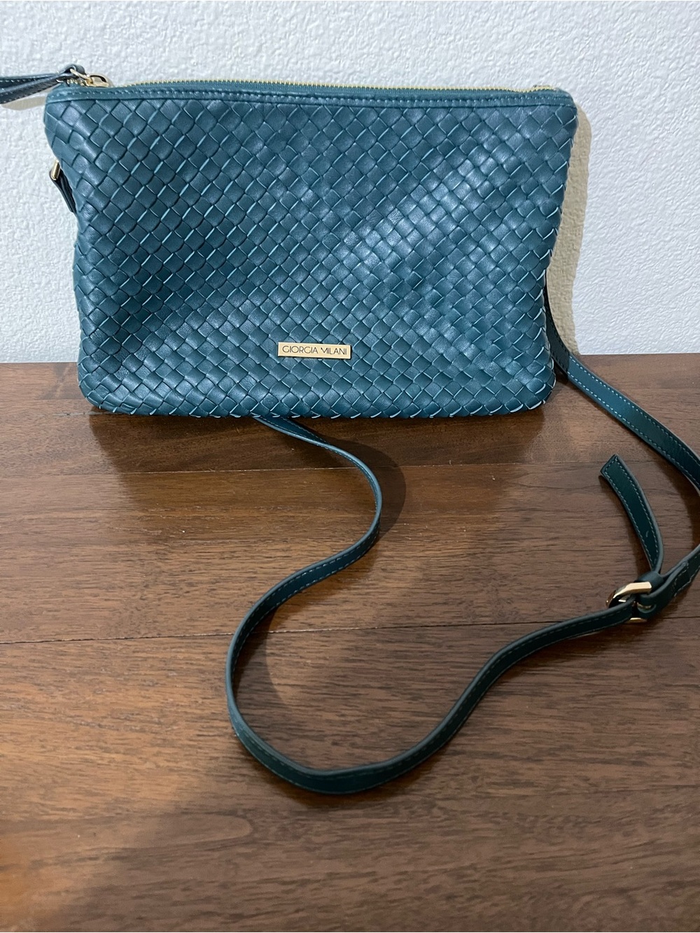 Genuine leather Georgia Milano Teal Woven Crossbody Bag